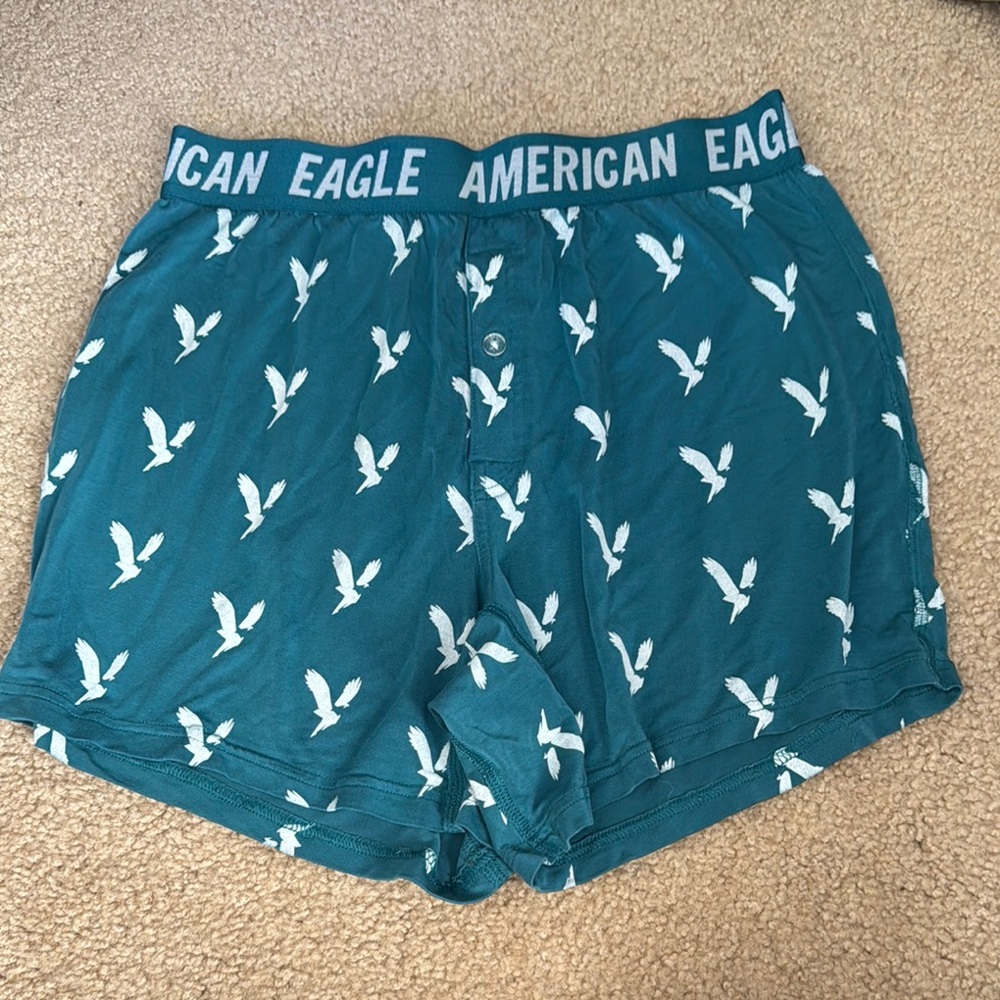 American Eagle Teal Boxer Shorts with White Bird Print